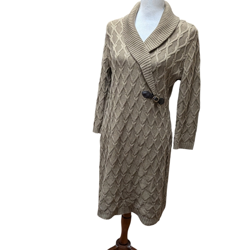 Calvin Klein Cable Knit Sweater Dress | Shawl Collar Buckle | Size L